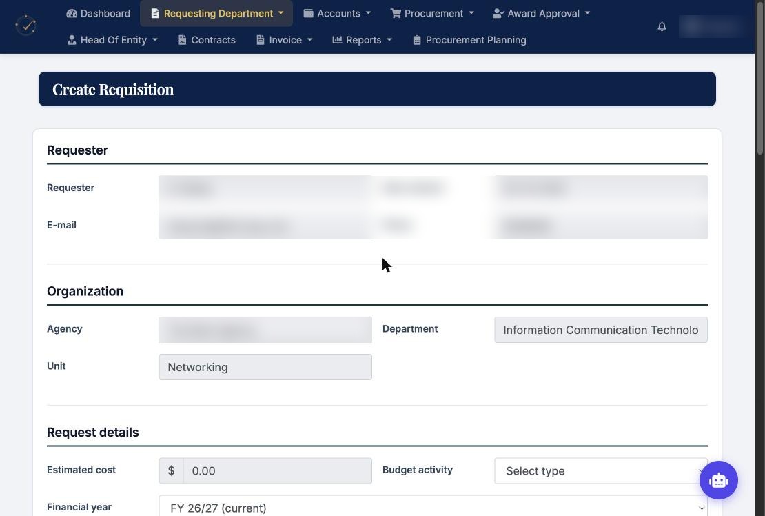 Create requisition form with requester and organisation details blurred Create requisition form with requester and organisation details blurred