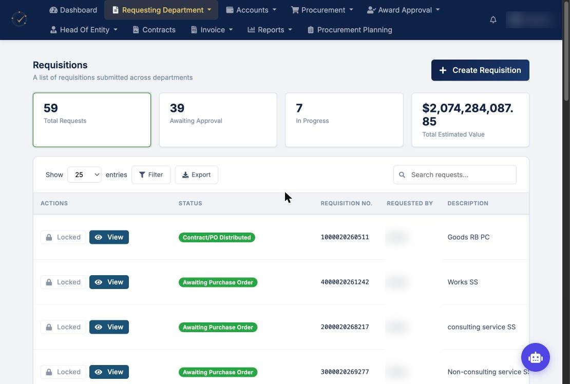 List of requisitions with status labels such as awaiting purchase order List of requisitions with status labels such as awaiting purchase order