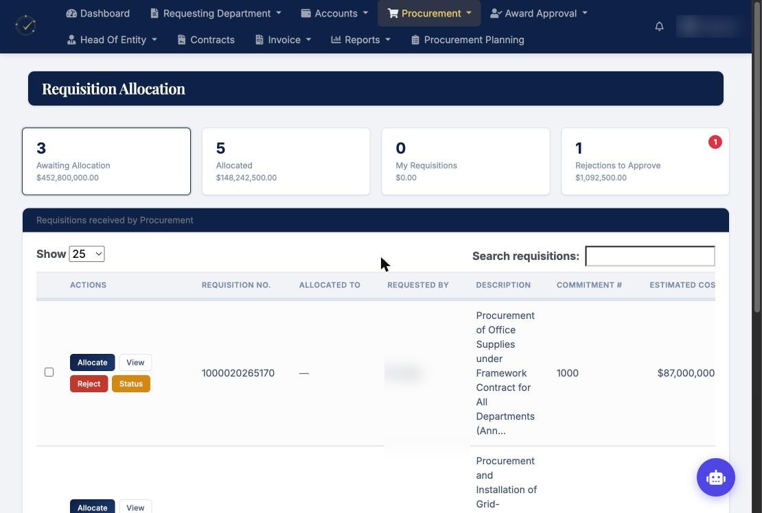 Requisition allocation screen with allocate, reject and status buttons