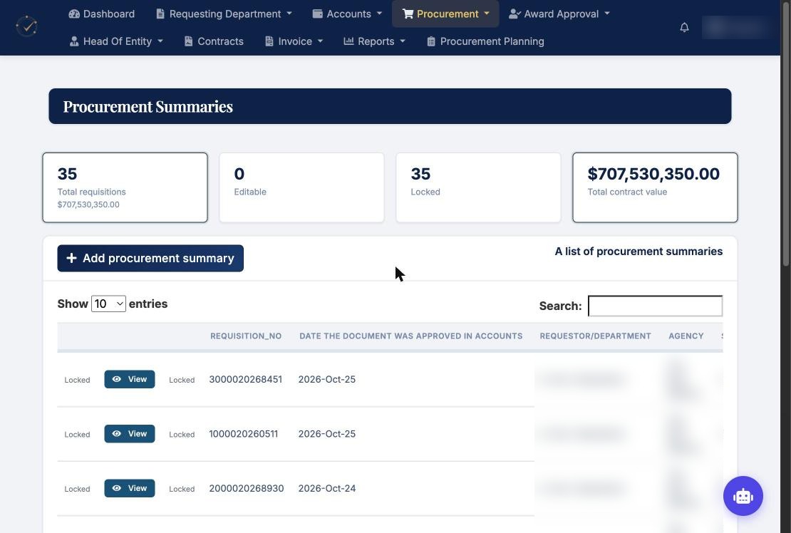 List of procurement summaries with total contract value