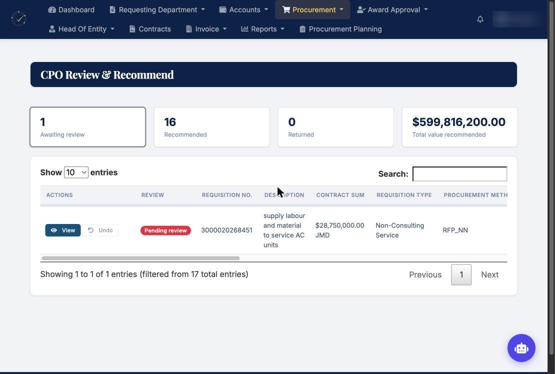 CPO review and recommend screen