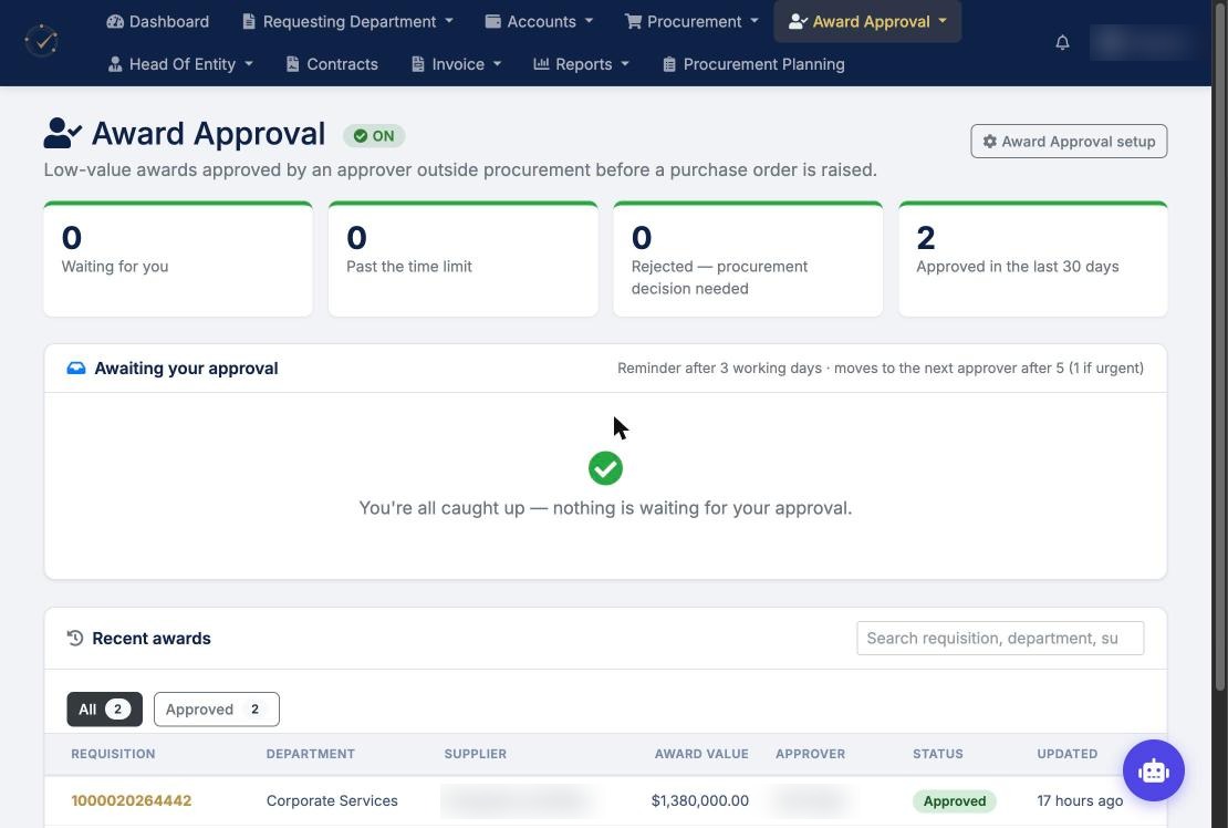 Award approval screen with waiting, overdue and approved counts