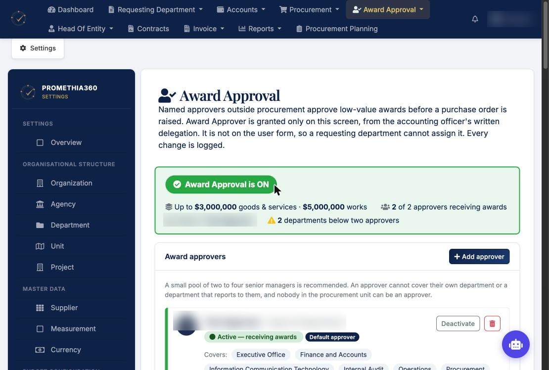 Award approval settings with approver names blurred