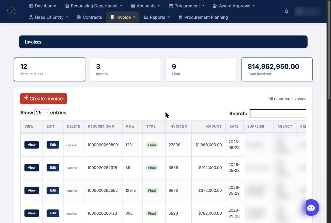 Invoice list with supplier and agency names blurred Invoice list with supplier and agency names blurred