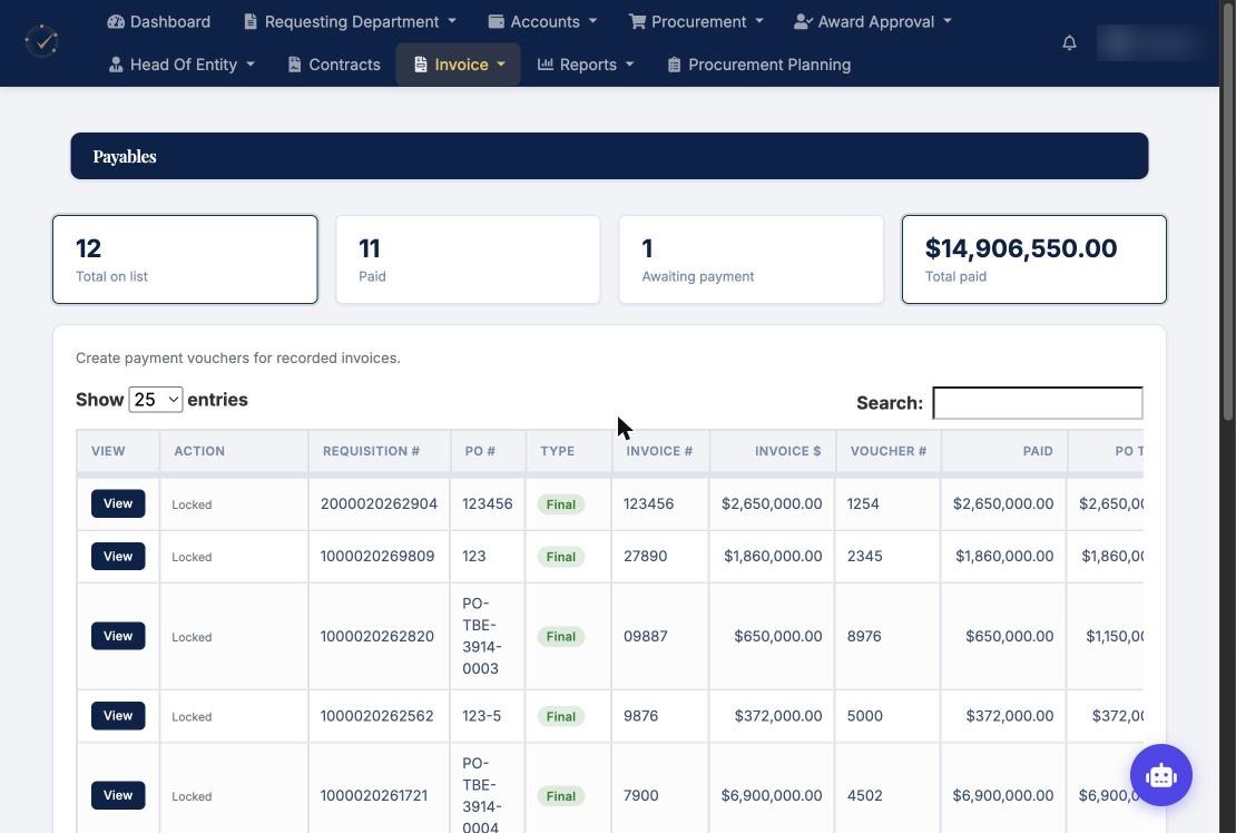 Payables screen with paid and awaiting payment counts