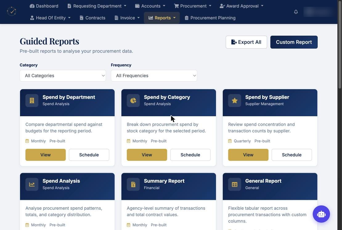 Library of system reports with view and schedule buttons